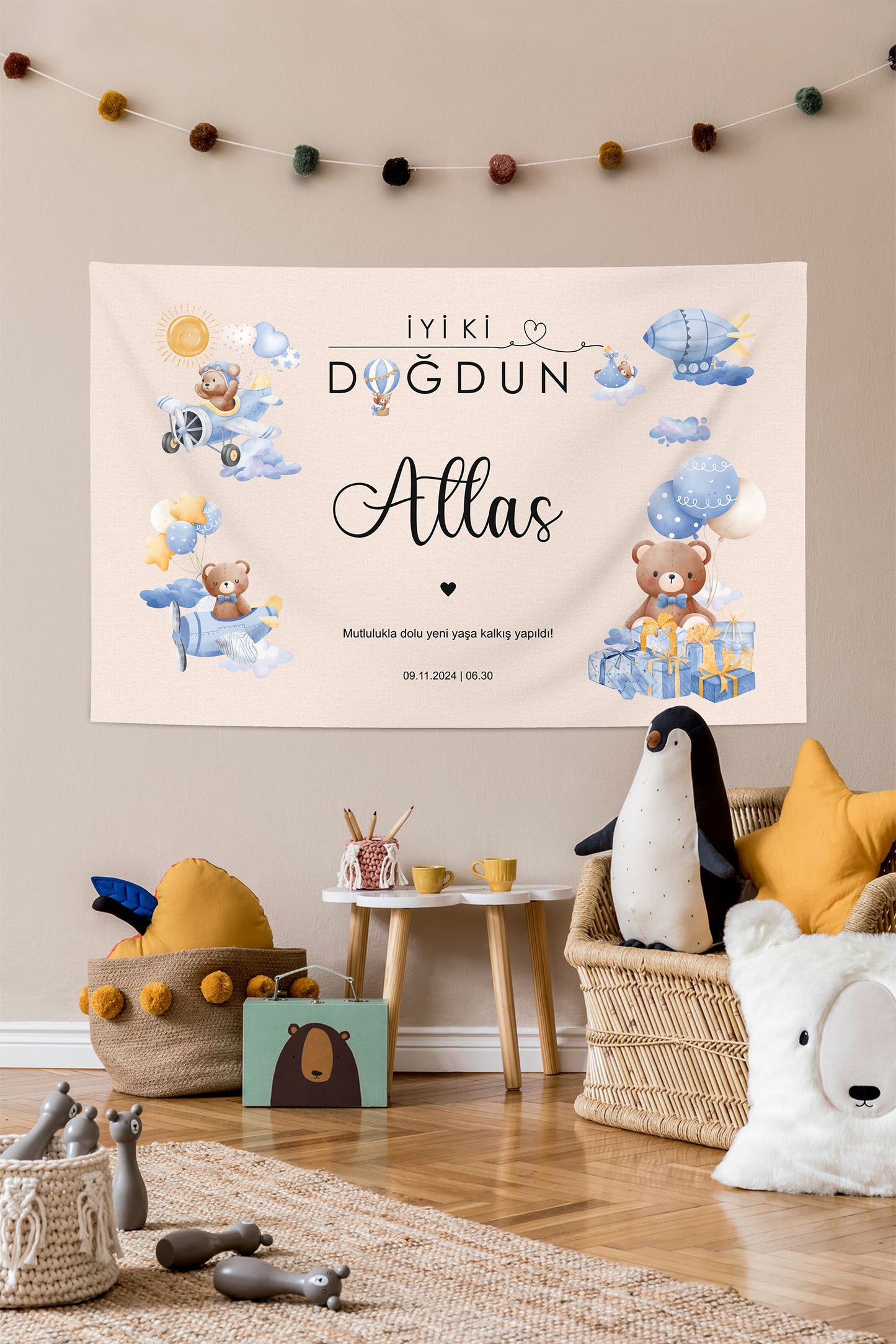 Kişiselleştirilebilir Uçak Pilot Gökyüzü Temalı Doğum Günü Örtüsü (#124)