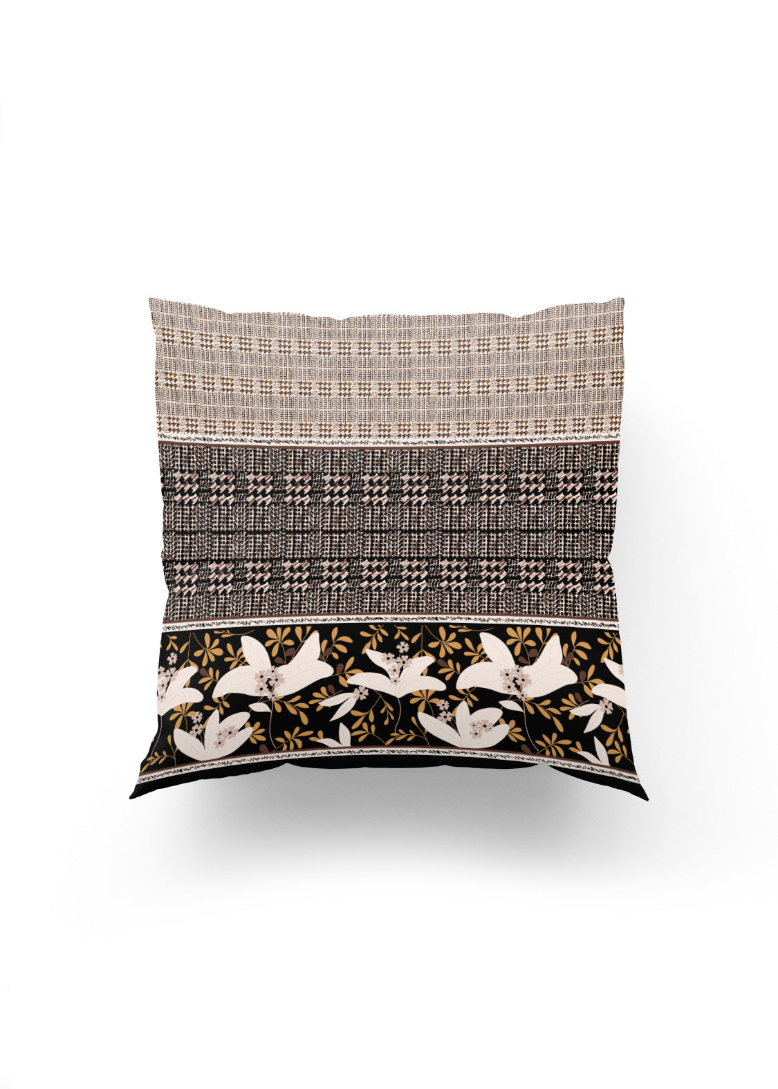 Etnik ve Çiçek Desenlerin Büyüsü – Bej, Siyah ve Altın Tonlarında Lüks Kırlent Kılıfı