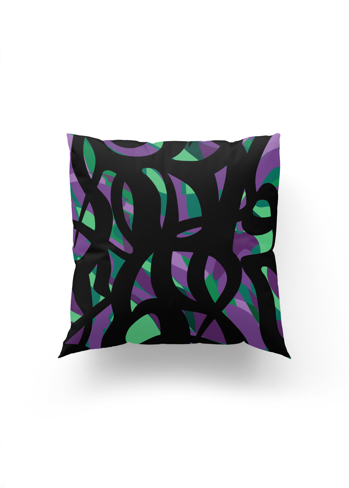 Yeşil ve Morun Enerjik Dansı – Siyah Zemin Üzerinde Soyut Desenli Kırlent Kılıfı