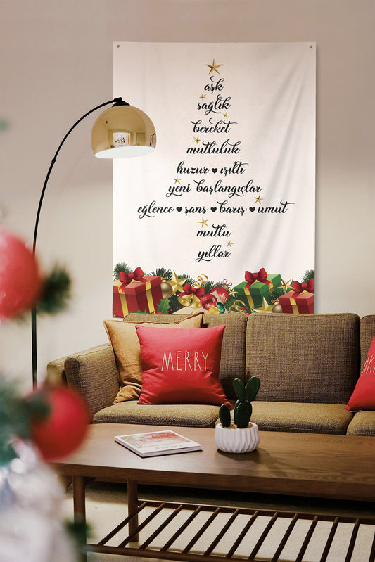 Noel Ağacı Formunda Yeni Yıl Dilekleri İle Süslenmiş Duvar Örtüsü (21)