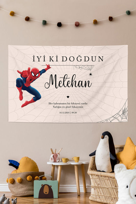 Kişiselleştirilebilir Spiderman Örümcek Adam Temalı Doğum Günü Örtüsü (#128)