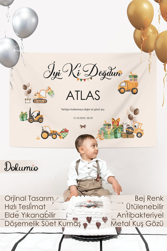 İş Makinesi Temalı Kişiselleştirilebilir Doğum Günü Örtüsü (#117)