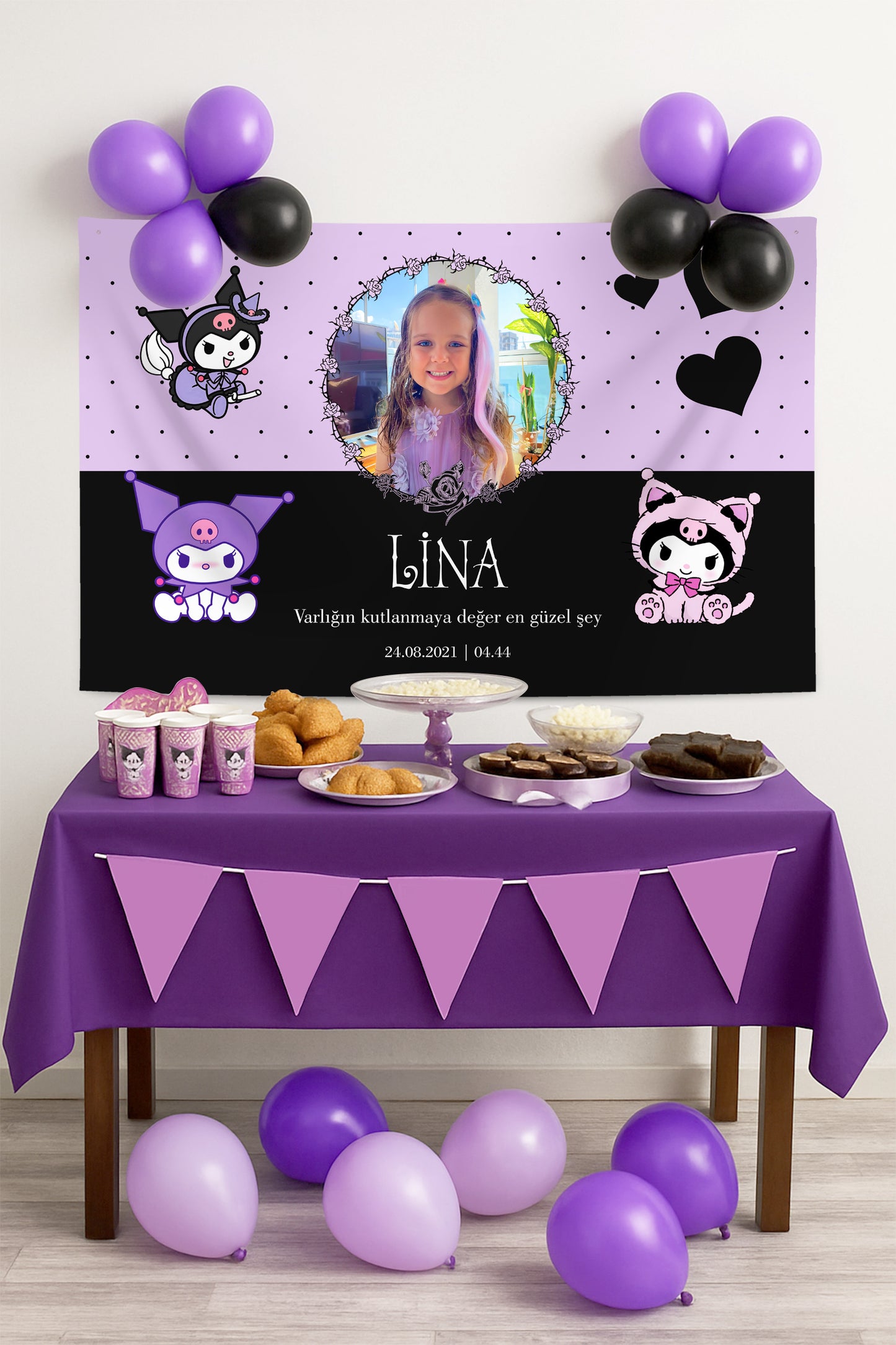 Kuromi Temalı Kişiye Özel Fotoğraflı Doğum Günü Örtüsü (#147)