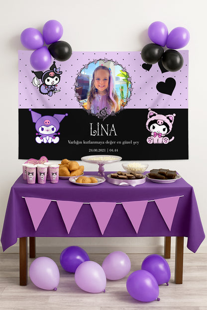 Kuromi Temalı Kişiye Özel Fotoğraflı Doğum Günü Örtüsü (#147)