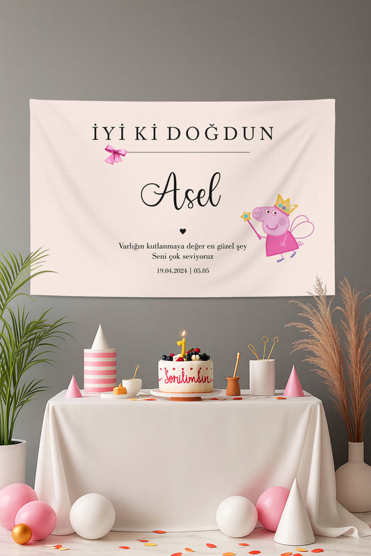 Peppa Pig Temalı Kişiselleştirilebilir Doğum Günü Örtüsü (#146)